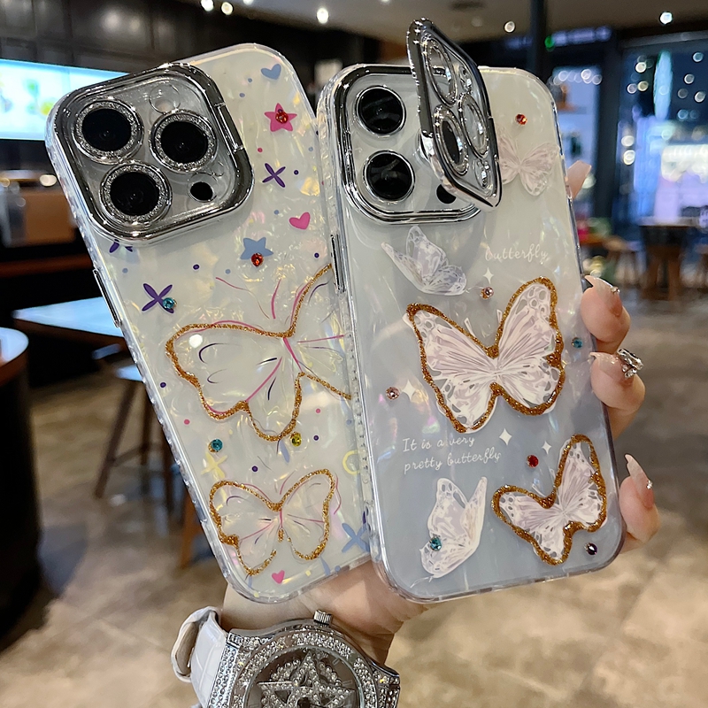 适用苹果系列iPhone16新款手机壳精美点钻蝴蝶银灰色闪粉镜头支架