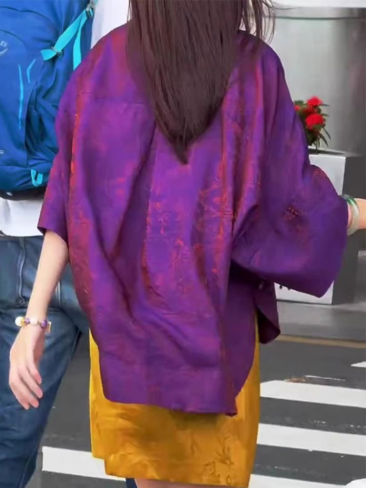 高级感重工新中式紫色上衣2025夏季气质复古松弛宽松不规则衬衫女