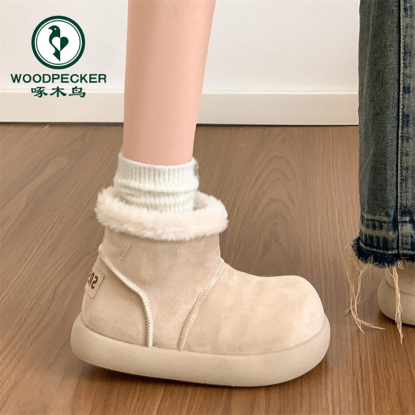 啄木鸟小土豆毛毛短靴女款2025冬季新款厚底加绒保暖大头雪地棉鞋