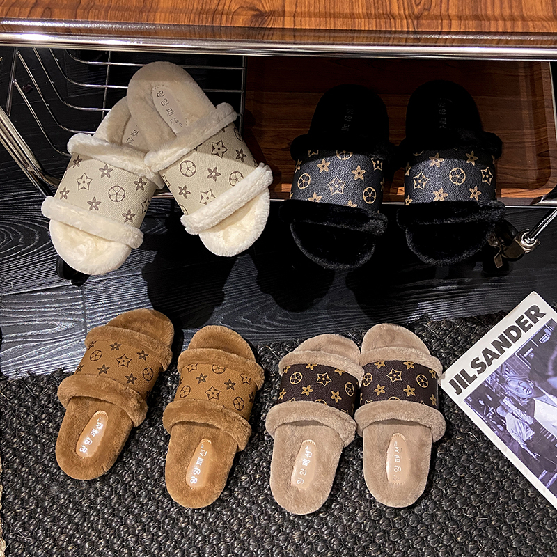 欧洲站经典老花设计厚底防滑时尚百搭高级ins风外穿女毛拖鞋韩版