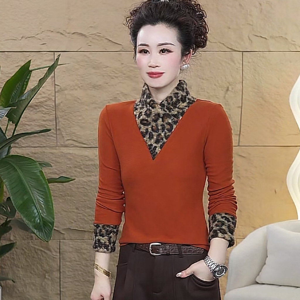 【歌莱图】2025冬季加绒时尚长袖豹纹拼接设计感休闲百搭上衣#9078