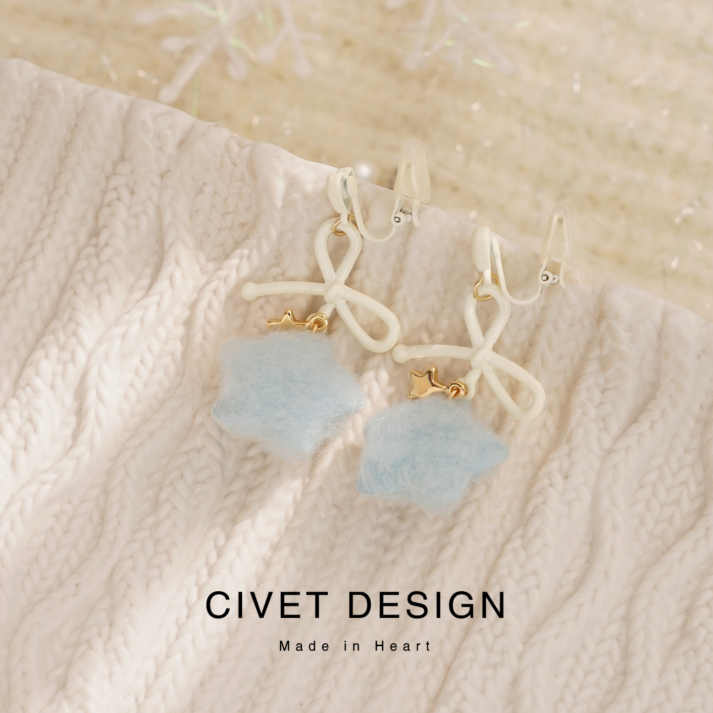 合金绒毛耳饰 原创冬日蝴蝶结毛绒绒蓝星耳钉耳夹可爱甜美学生