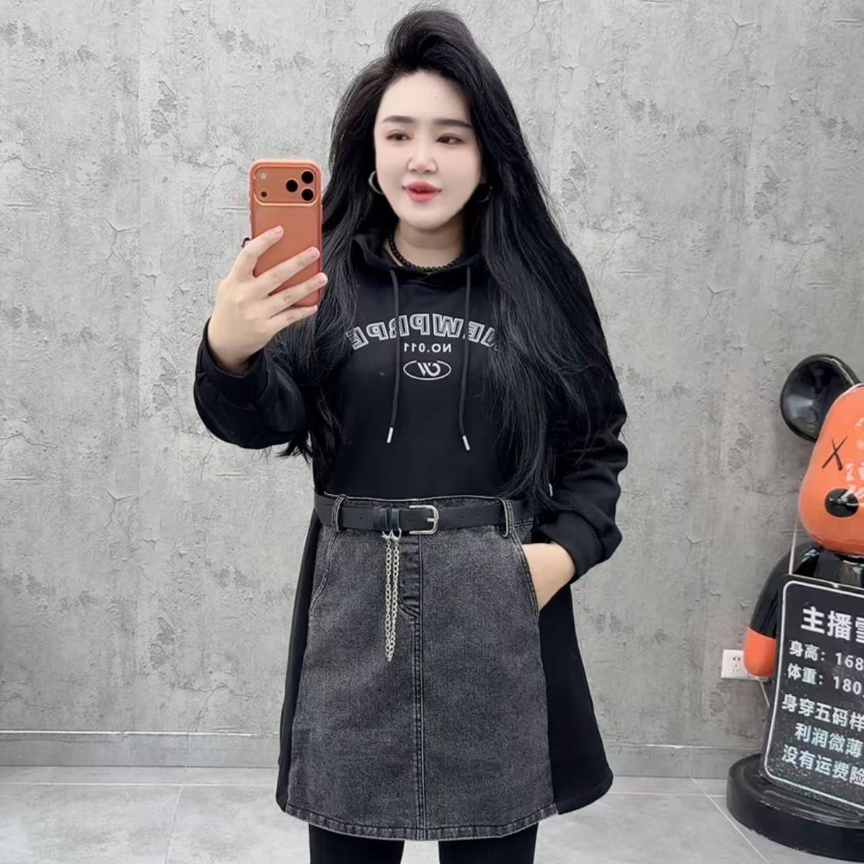 欧货拼接牛仔时尚休闲显瘦洋气腰带连衣裙