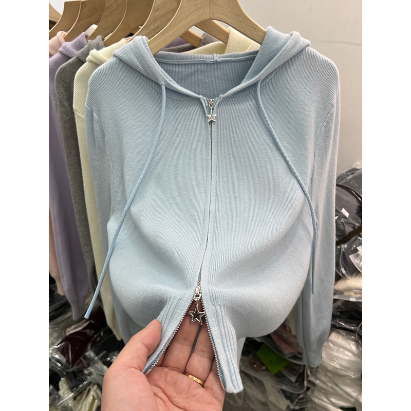 双拉链长袖针织衫开衫女上衣2025早春新款休闲洋气外搭连帽衫毛衣