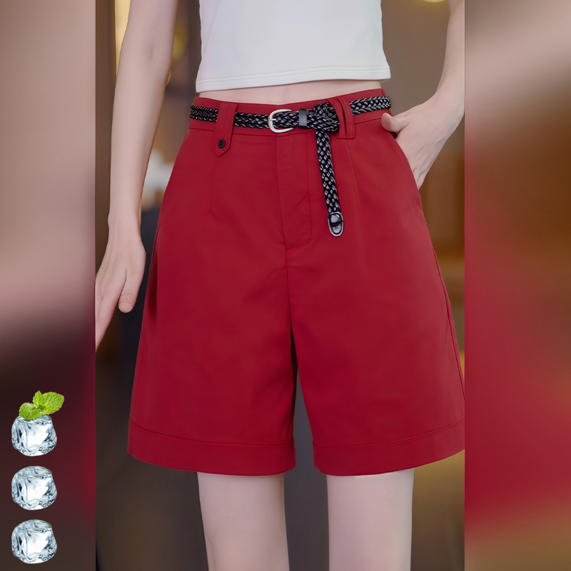 红色五分裤女夏薄款外穿2025新款高腰宽松胖mm宽松休闲阔腿短裤潮