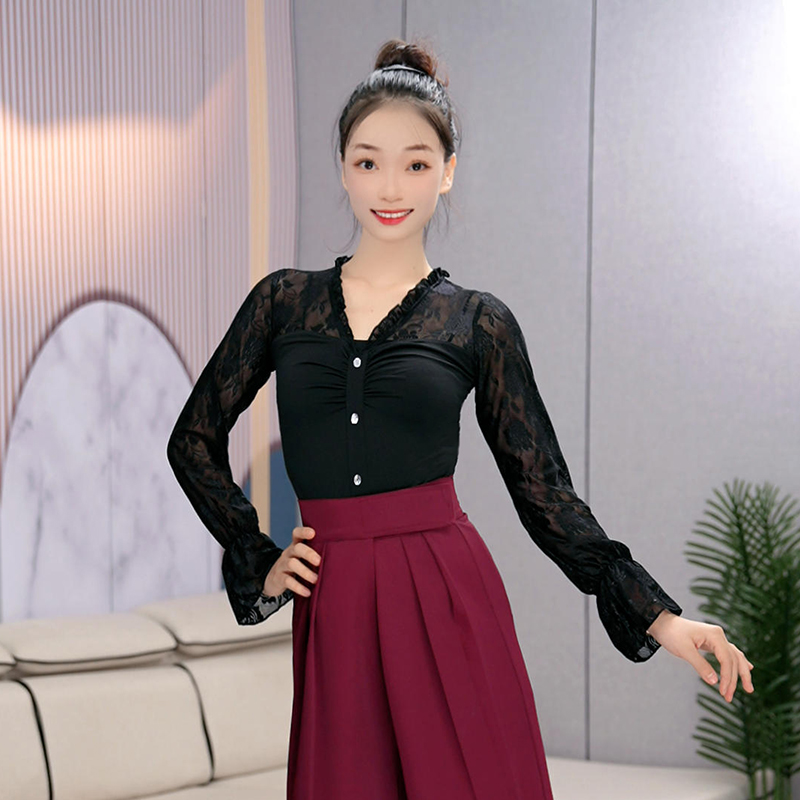 新款时尚舞衣拉丁舞服上衣女装国标舞蹈服摩登舞练功优雅长袖烫钻