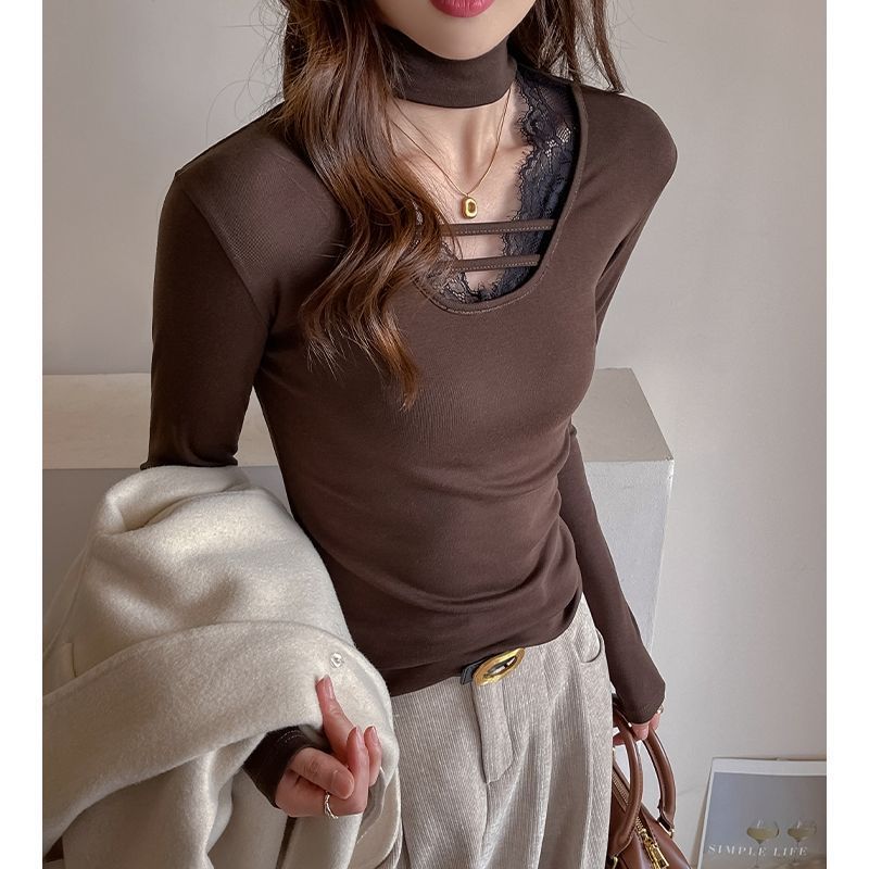 灰色蕾丝长袖打底衫女外穿新款辣妹加绒T恤冬冬修身显瘦打底上衣