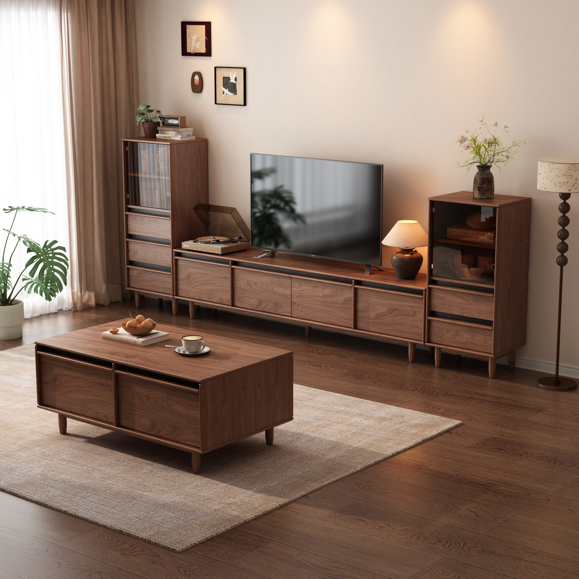 雷勒电视柜茶几组合中古风高级感2025新款复古边柜客厅1.6-2.4M