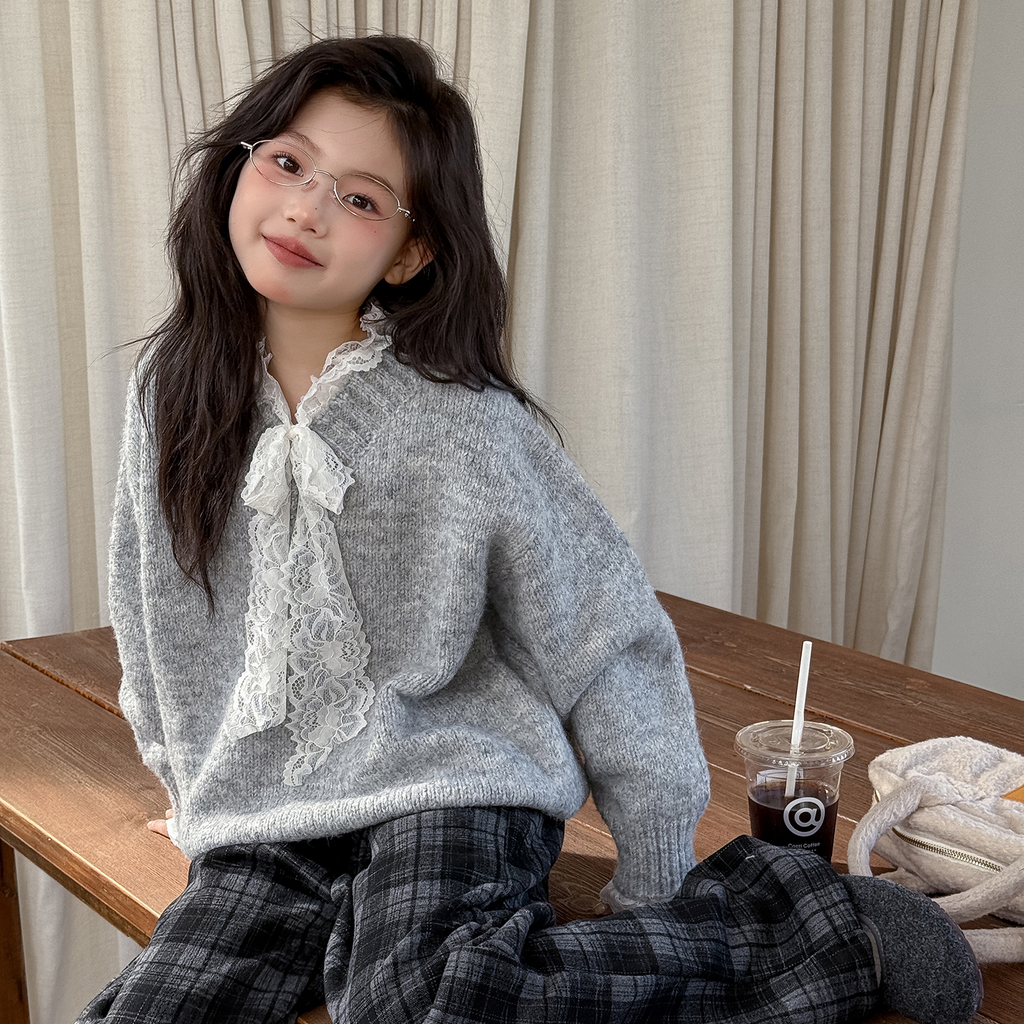 女童针织衫秋冬2025新款蕾丝花边鸡心领毛衣6-12岁韩系时尚宽松15