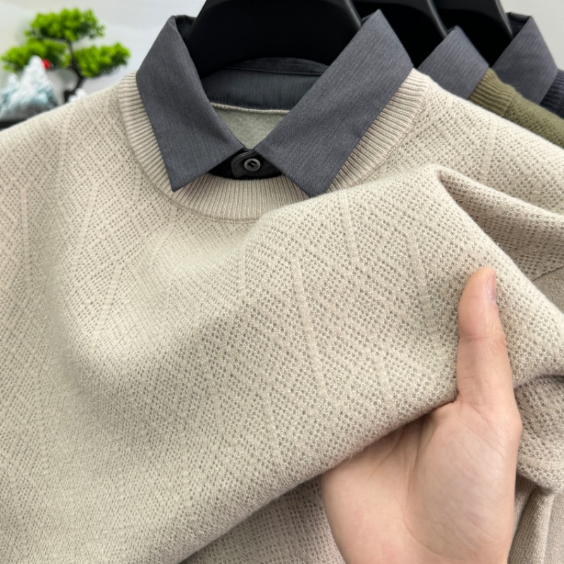 CATIA SELI冬季新款衬衫领假两件男毛衣加厚套头保暖针织打底上衣