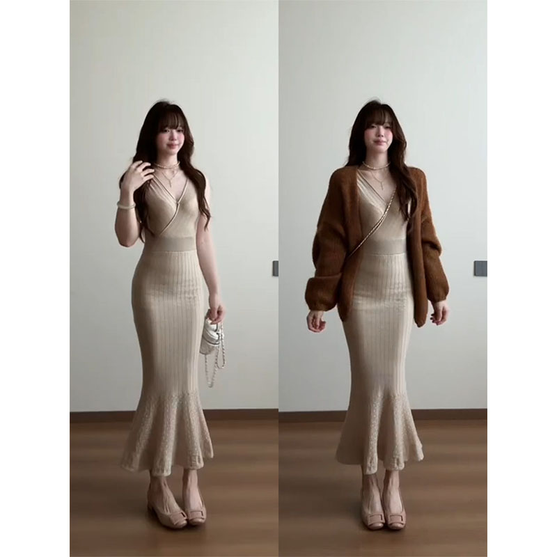 INS CEC秋季新款软糯针织衫毛衣外套搭修身显瘦v领连衣裙套装