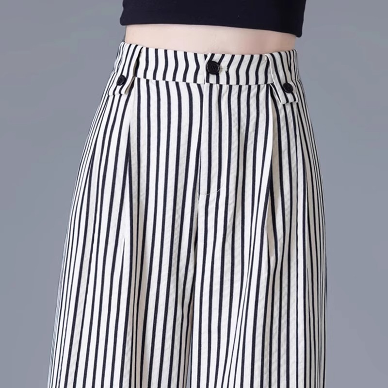 拉夏贝尔阔腿裤女2025夏轻薄透气条纹百搭高腰垂感显瘦休闲拖地裤