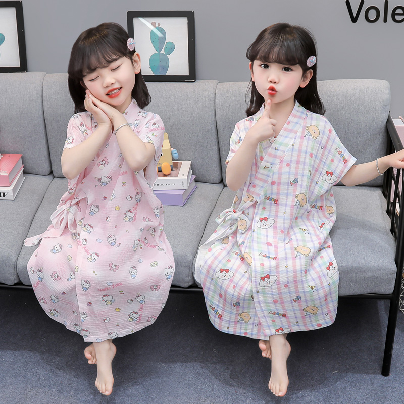 女童睡袍夏季纯棉女童洗澡浴袍宝宝纱布空调房家居服夏天女孩睡裙