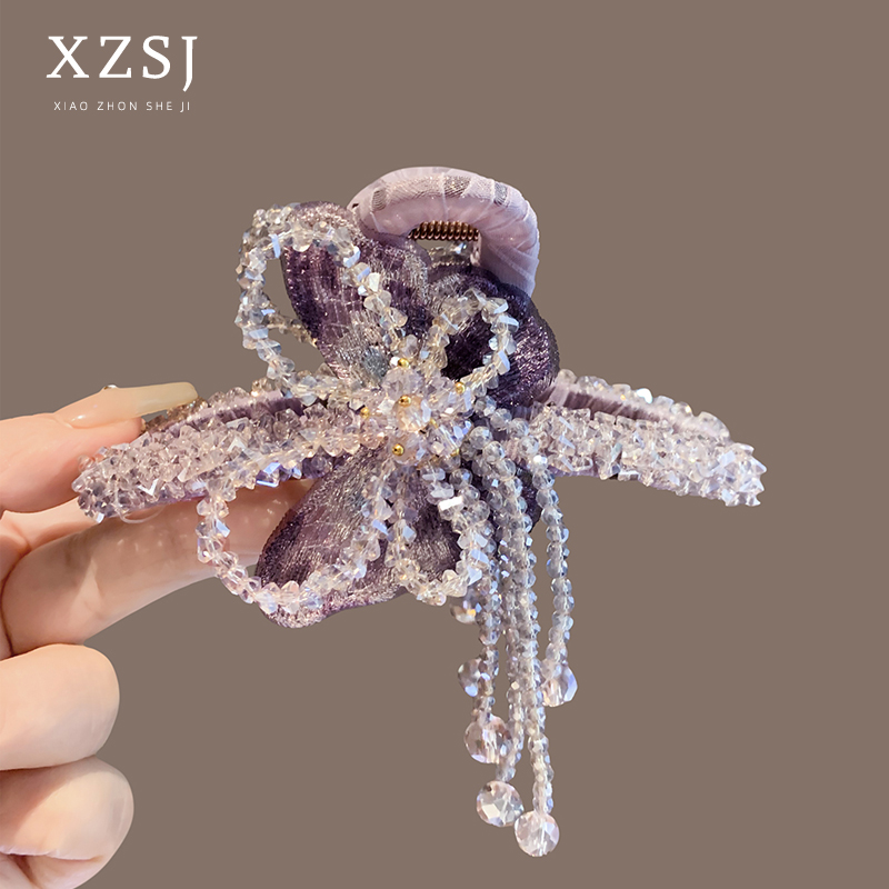 梦幻紫色流苏水晶蝴蝶抓夹大号发夹手工精致发卡优雅轻奢头饰发饰