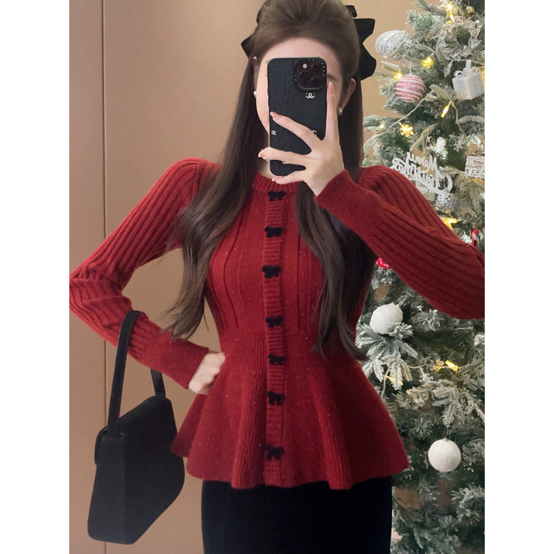 过年新年穿搭红色毛衣女秋冬季2025新款慵懒风内搭打底针织衫上衣