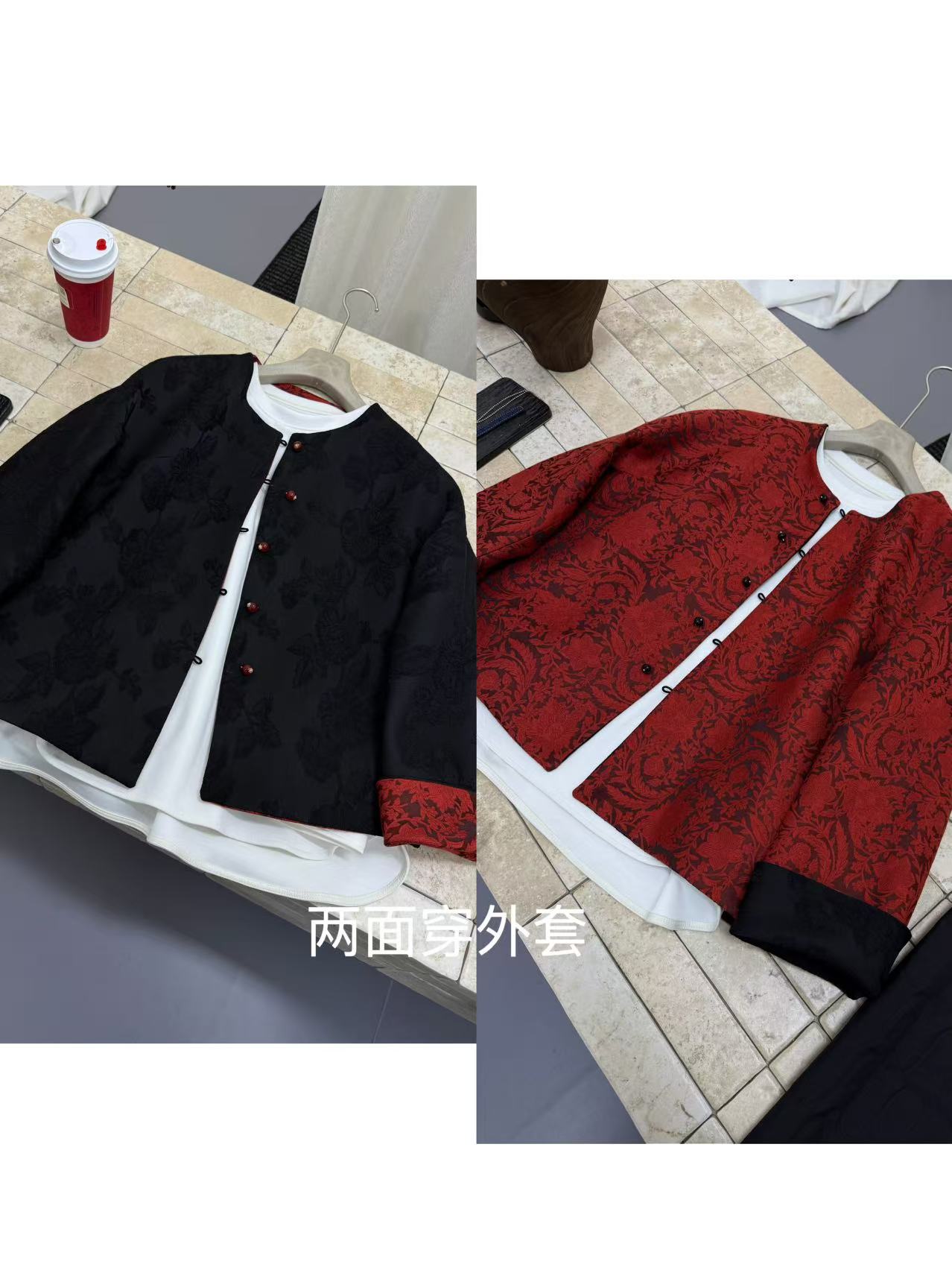 【莹火】原创设计师款新中式黑红国风双面穿秋款高克重提花外套