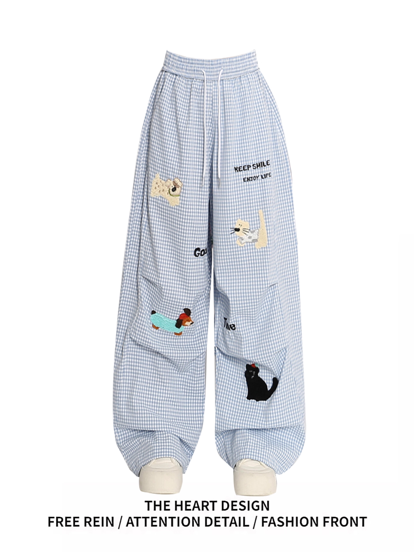 潮流小狗刺绣浅蓝色格子休闲裤女夏季宽松慵懒风春秋薄款工装裤