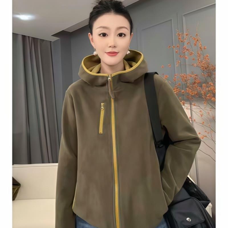 2025秋冬休闲时尚简约百搭连帽双拉炼宽松撞色加绒卫衣开衫外套女
