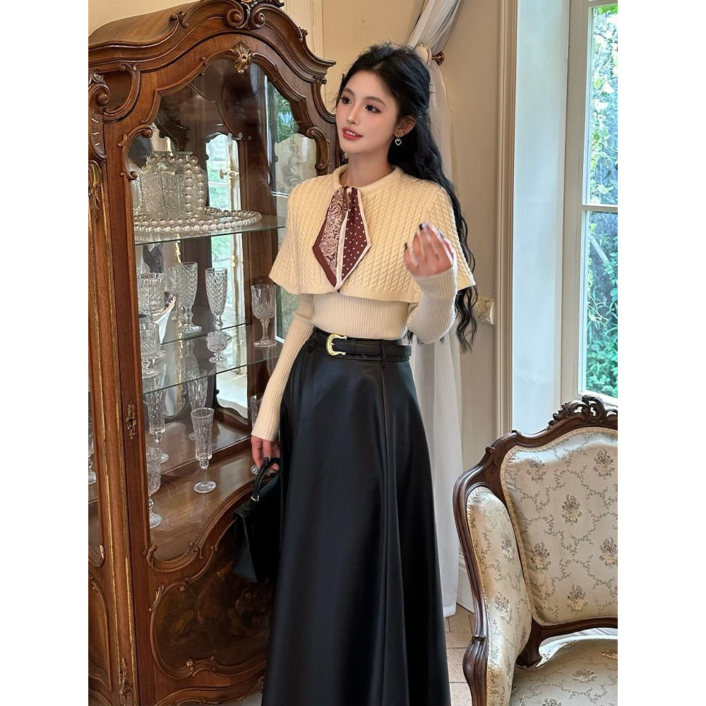 秋冬季新款时尚洋气独特别致绝美高级感披肩斗篷针织衫背心两件套