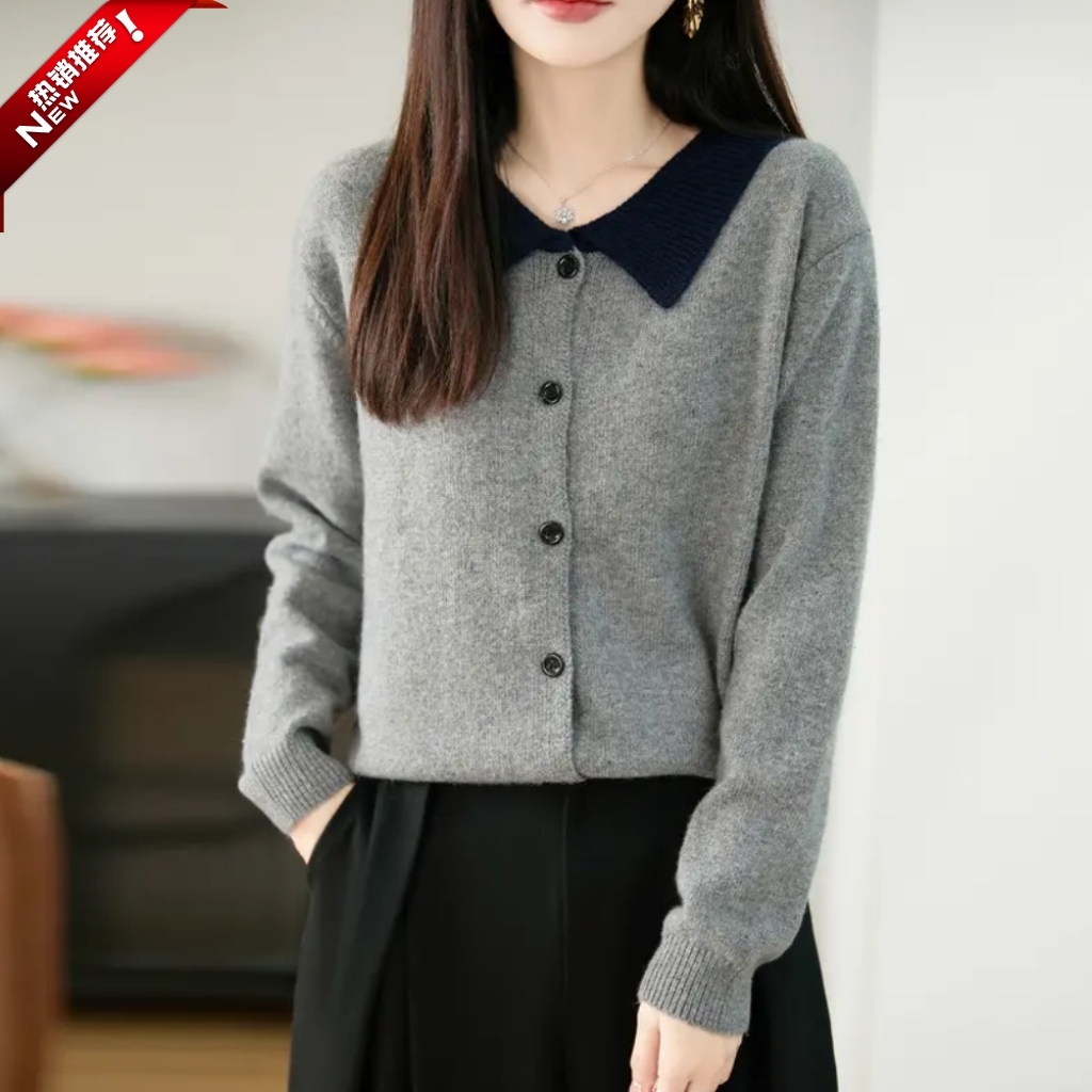 品牌时尚女装翻领宽松气质针织上衣减龄娃娃领撞色显瘦上衣优雅