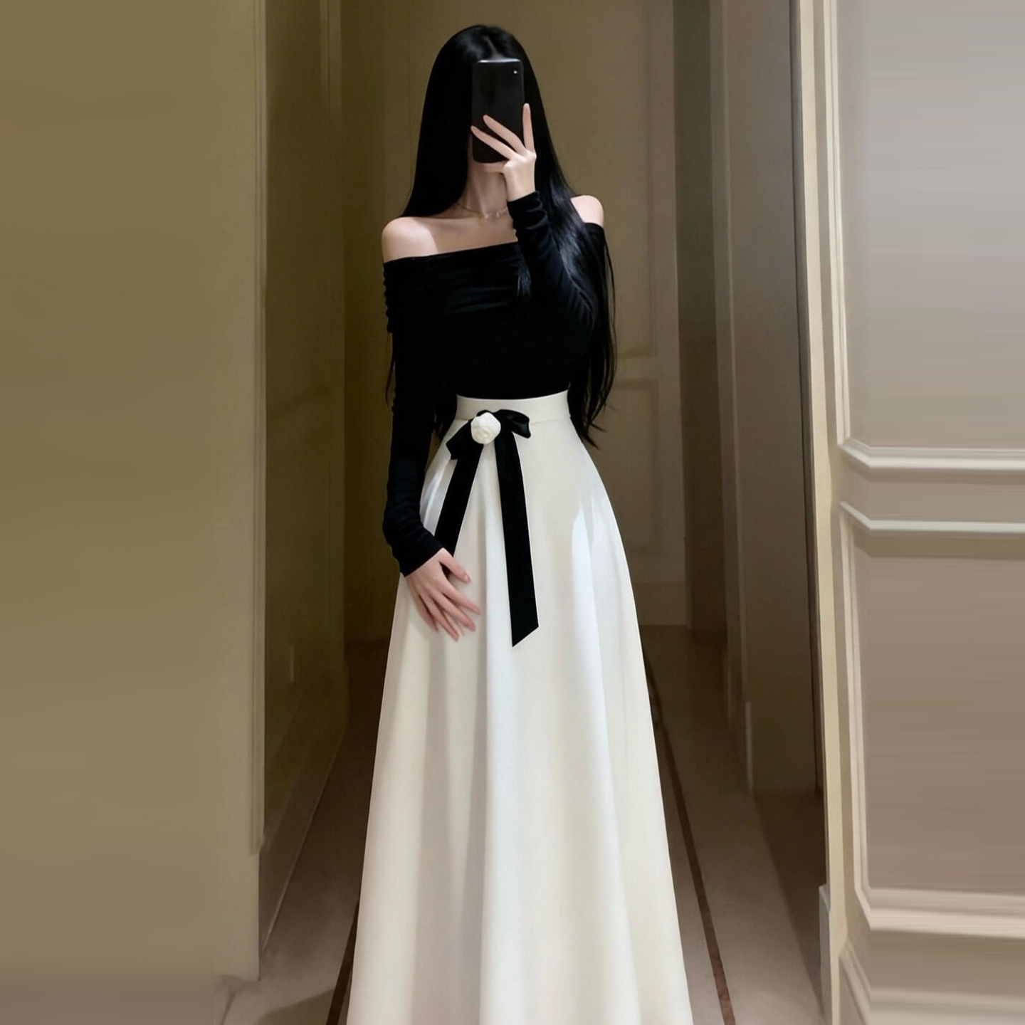 2025新款韩系氛围感穿搭一整套连衣裙子秋冬季高级感气质收腰长裙