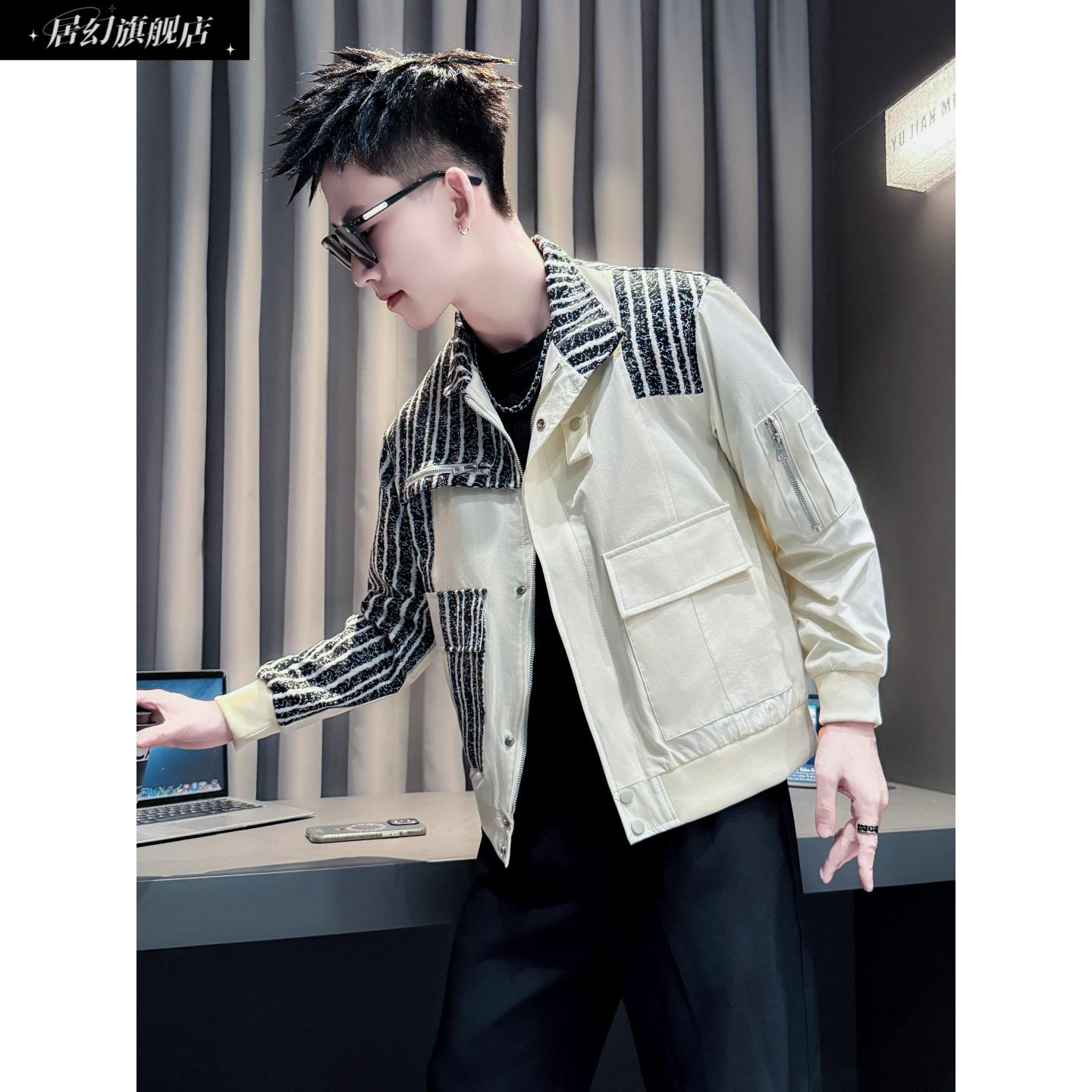 居幻拼接夹克高级感工装休闲褂子冬秋季男装上衣秋装新款潮流外套