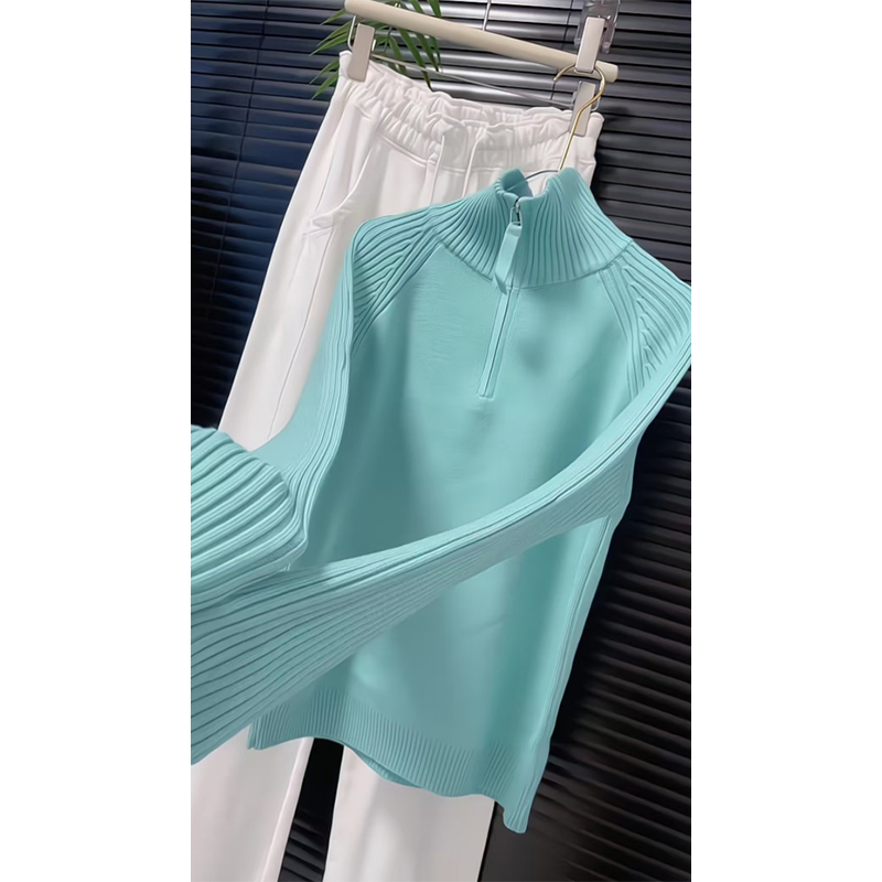 法式立领半拉链长袖针织衫秋冬新款大码胖MM修身百搭显瘦内搭上衣