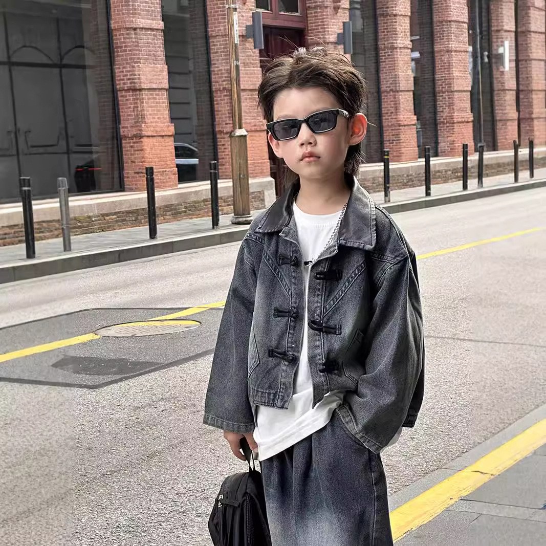 新款酷帅男童韩版牛仔春秋套装儿童国风唐装古装汉服长袖长裤