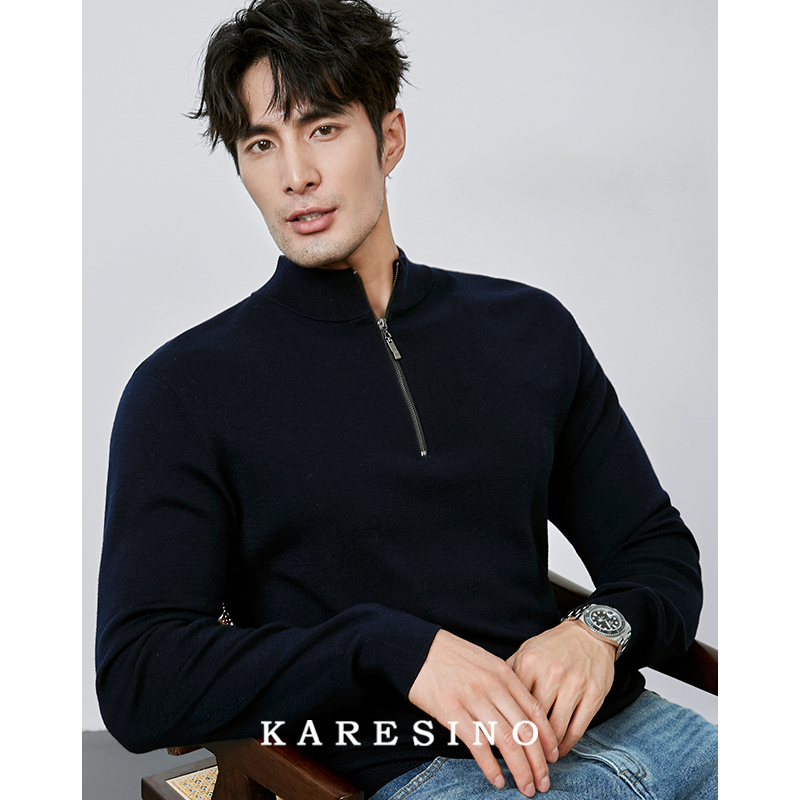KARESINO【100％纯羊毛】冬季商务男士半高领针织时尚保暖毛衣羊毛衫