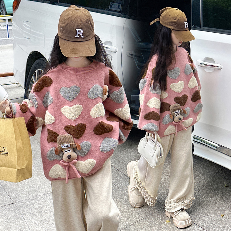 女童毛衣套头秋冬加厚韩系休闲时尚炸街满身爱心卡通小狗针织上衣
