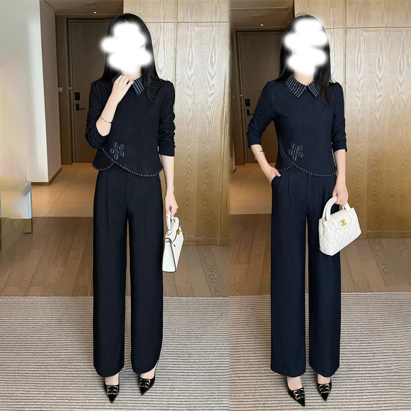 洋气时尚百搭女装2025秋季新款复古花边长袖显瘦窄版直筒裤两件套