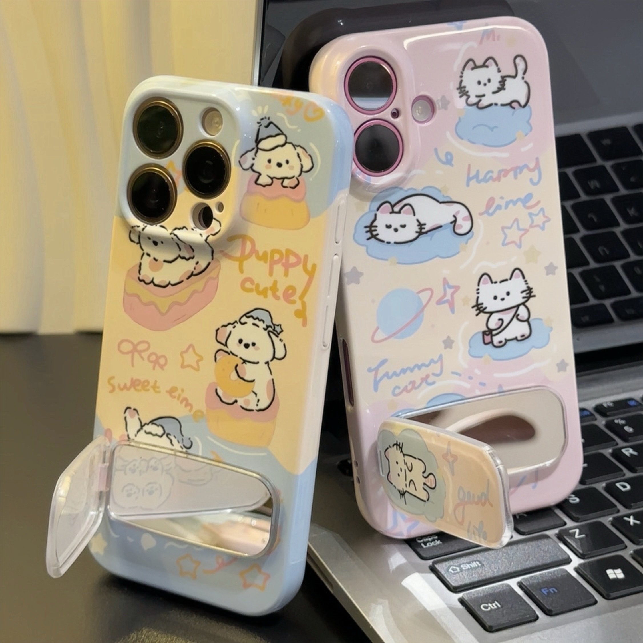 奶油猫咪狗狗镜子支架适用苹果16promax手机壳华为vivo小米15oppo