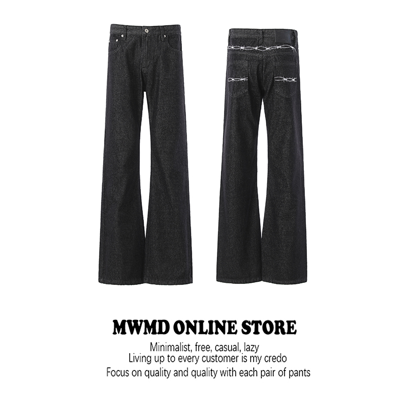 MWMD美式复古荆棘刺绣原牛牛仔裤男女宽松休闲阔腿cleanfit微喇裤