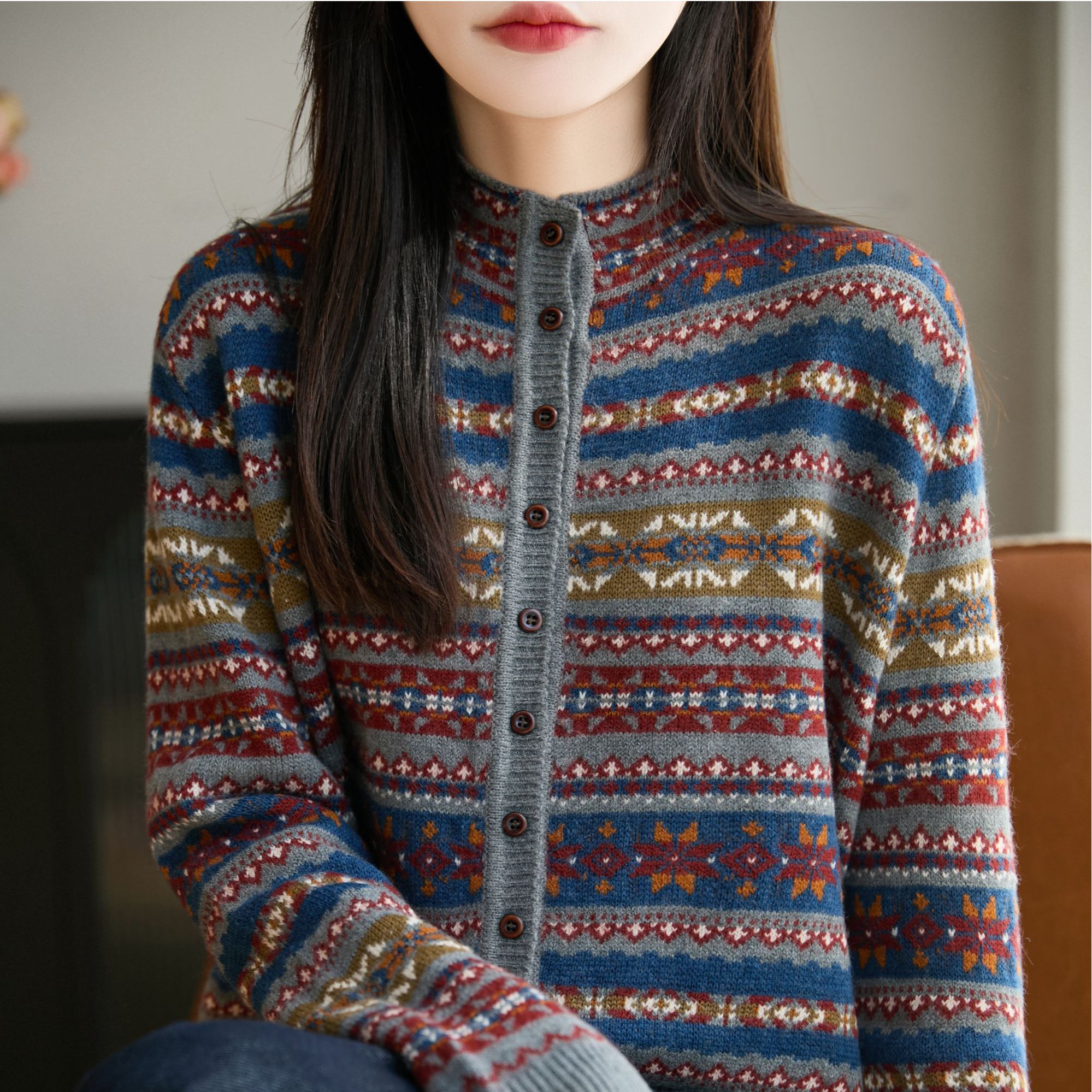 品牌撤柜正品长袖复古提花条纹针织开衫高领时尚休闲宽松羊毛衫女