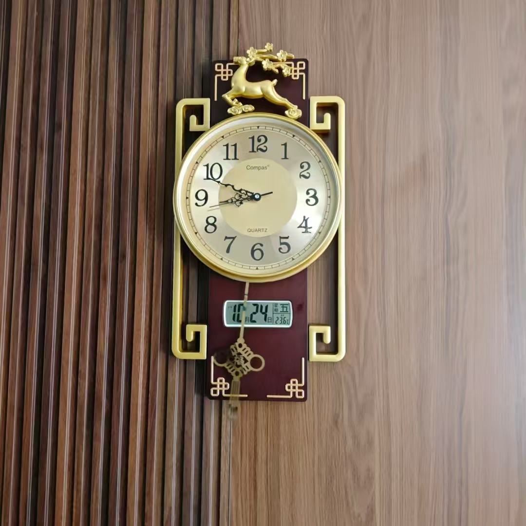 新中式轻奢挂钟客厅家用时尚高档钟表日历2025打孔装饰大气钟表
