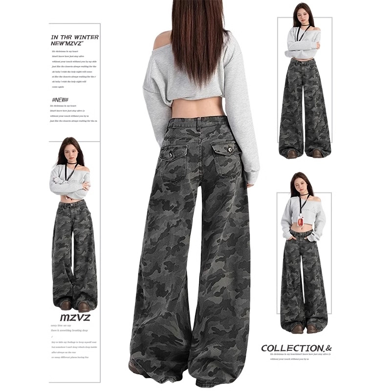 雪千羽美式复古迷彩工装牛仔裤女春夏季设计感宽松垂感阔腿直筒裤