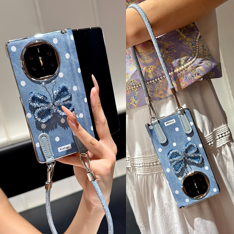 适用华为matex5手机壳折叠屏中轴新款x6典藏版x3牛仔皮纹蝴蝶女款