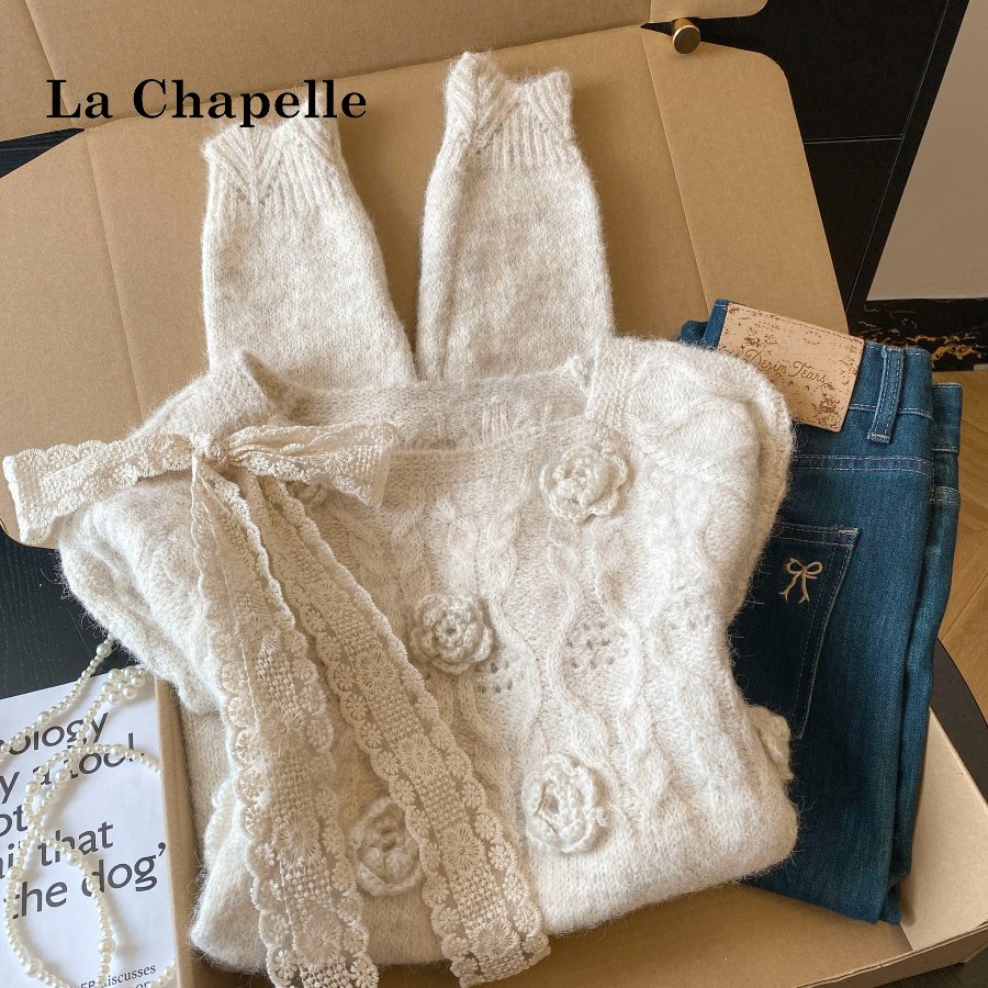 拉夏贝尔韩系立体花朵针织衫毛衣女2025秋冬款超好看漂亮软糯上衣