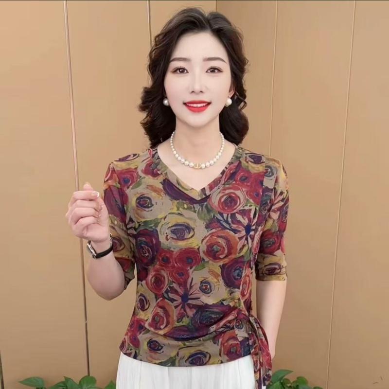 早秋新款时尚V领收腰系带设计妈妈装休闲气质百搭女士打底衫K1316