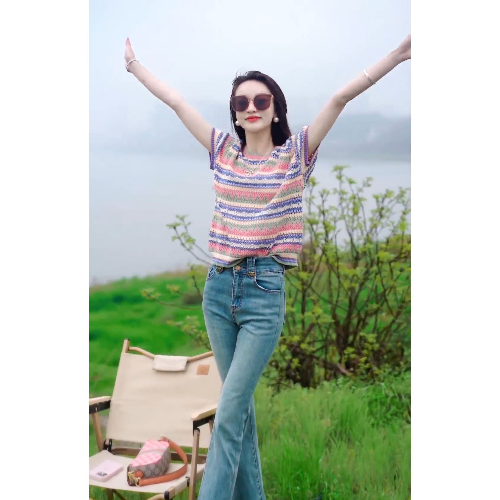 【现货】女装爆款2025新款夏季时尚简约气质条纹上衣牛仔长裤两件套