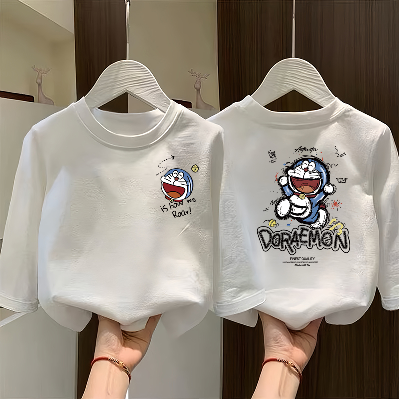 纯棉男童女童纯色内搭长袖圆领中小儿童卡通印花哆啦A梦T恤衫童装