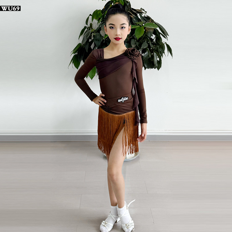 少儿拉丁舞秋冬新款女练功服长袖网纱分体流苏长裙演出优质套装