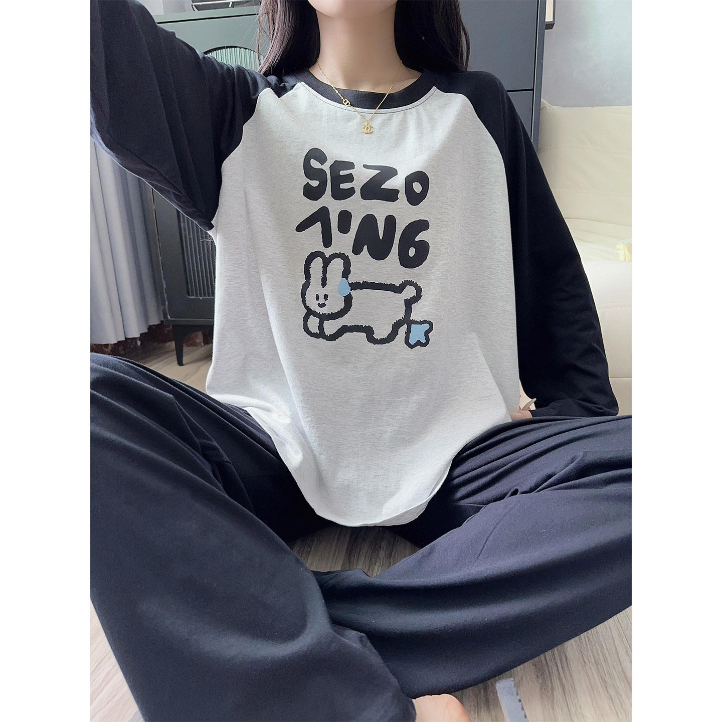 春秋季睡衣女2025新款长袖纯棉字母套装秋冬天少女宽松家居服套装