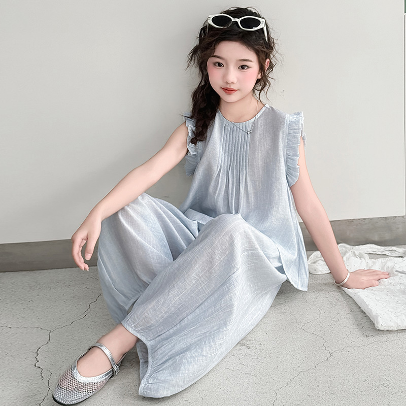女童韩版夏季套装2025儿童新款洋气褶皱小飞袖上衣休闲裤两件套潮