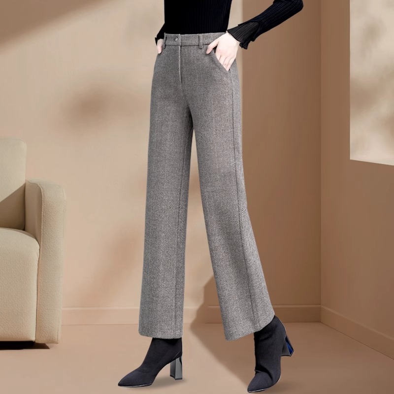 小个子窄版毛呢阔腿裤女秋冬2025新款加绒高腰卡其色九分直筒裤子