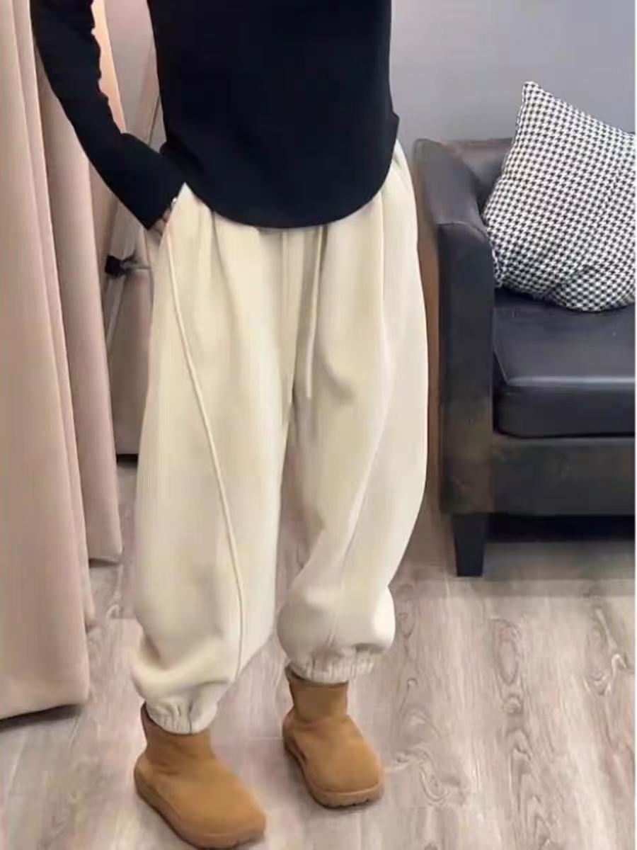 抽绳束脚哈伦裤子女冬季休闲慵懒松紧腰宽松百搭加绒九分灯笼卫裤