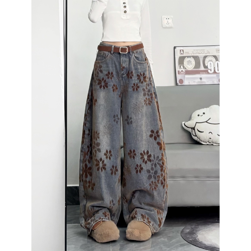 美式做旧满印提花宽松阔腿显瘦牛仔裤女秋冬复古水洗弯刀直筒裤子