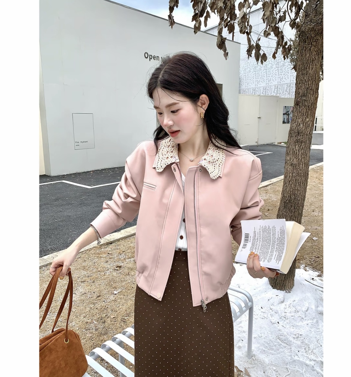 拼接常规款法式女装翻领粉色皮衣显瘦轻奢长袖少女风1001