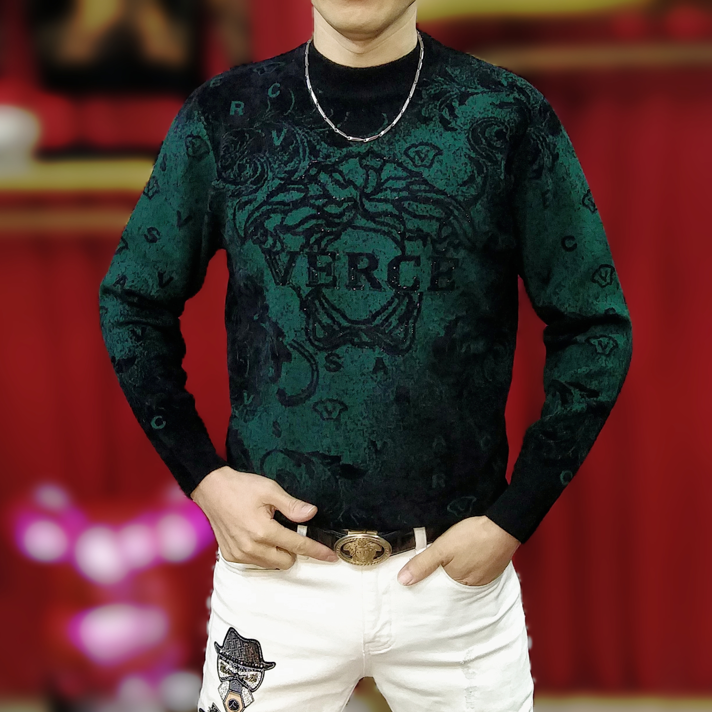 冬季男士新款欧货时尚休闲圆领提花针织打底潮流修身厚款保暖毛衣