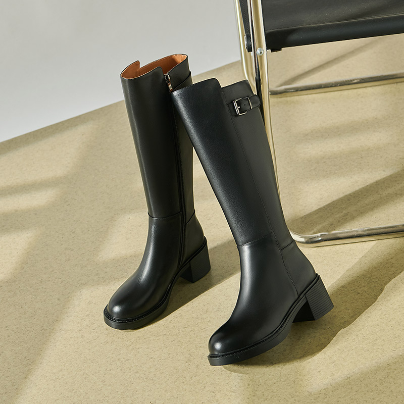 2025年秋冬季真皮修身时尚成型底粗跟厚底大小筒女靴小个子高筒